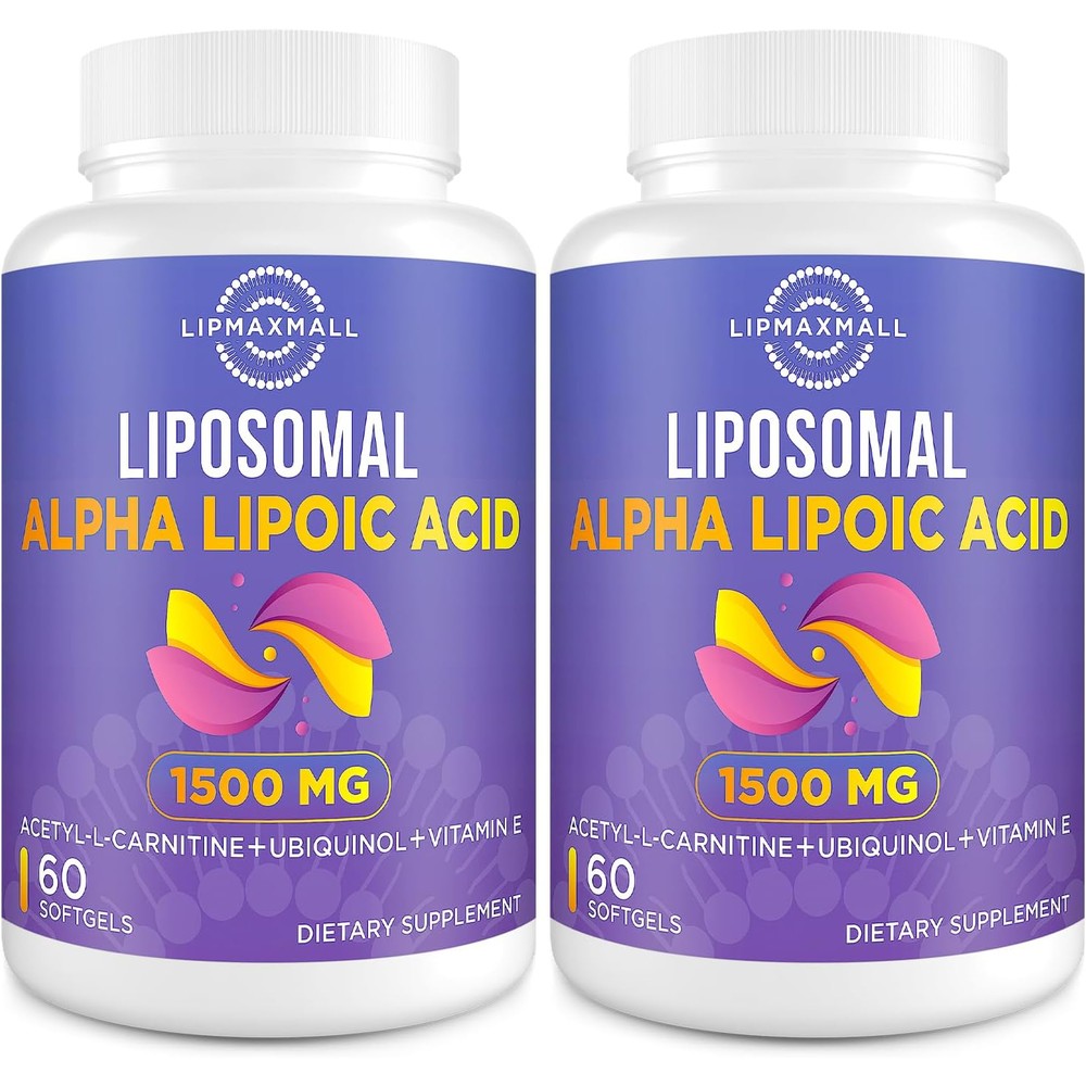 Lipmaxmall Liposomal Alpha Lipoic Acid 1500mg softgels front bottle view showing antioxidant formula ingredients