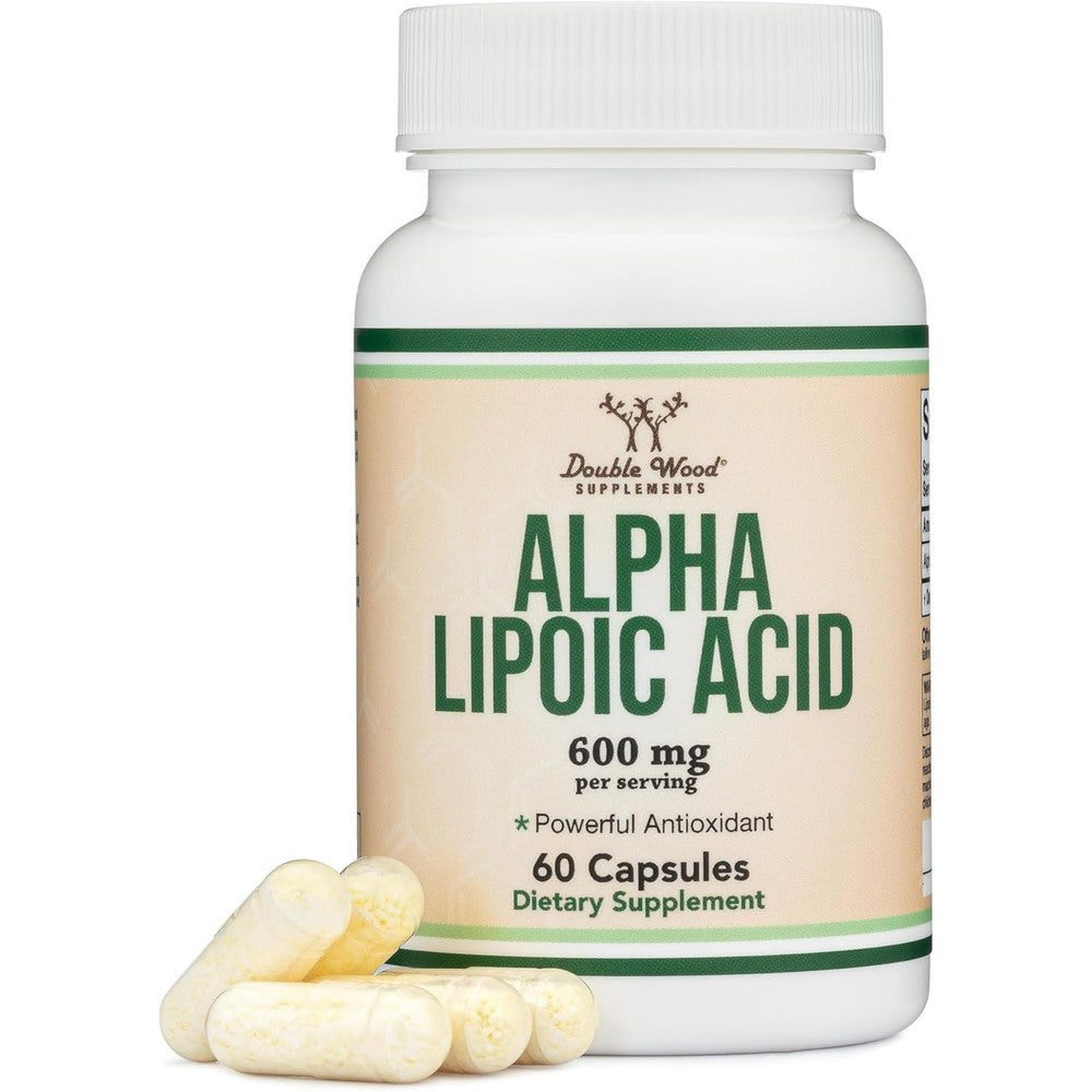 Double Wood Supplements Alpha Lipoic Acid 600mg bottle front view for cellular energy support
