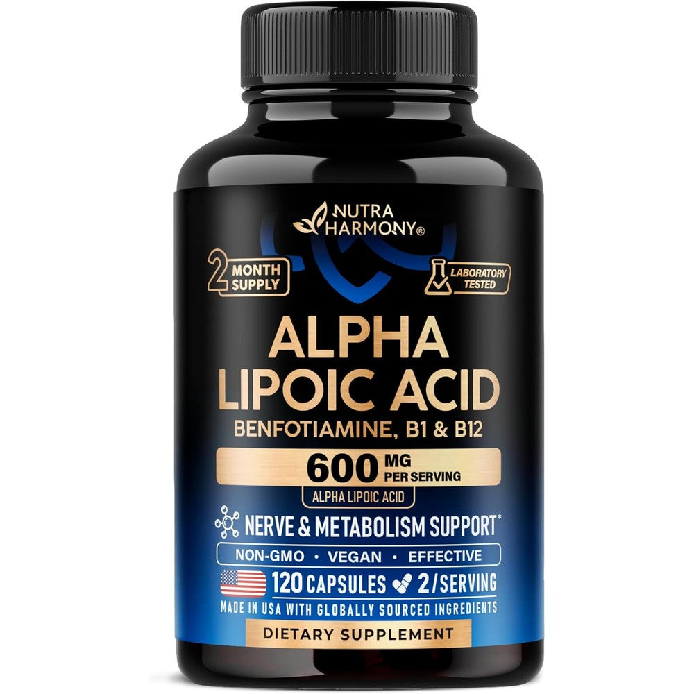 NutraHarmony Alpha Lipoic Acid 600mg 120 capsules front view bottle