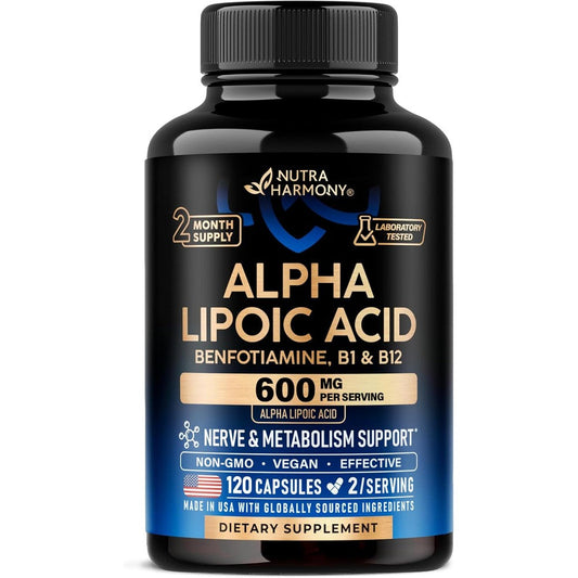 NutraHarmony Alpha Lipoic Acid 600mg 120 capsules front view bottle