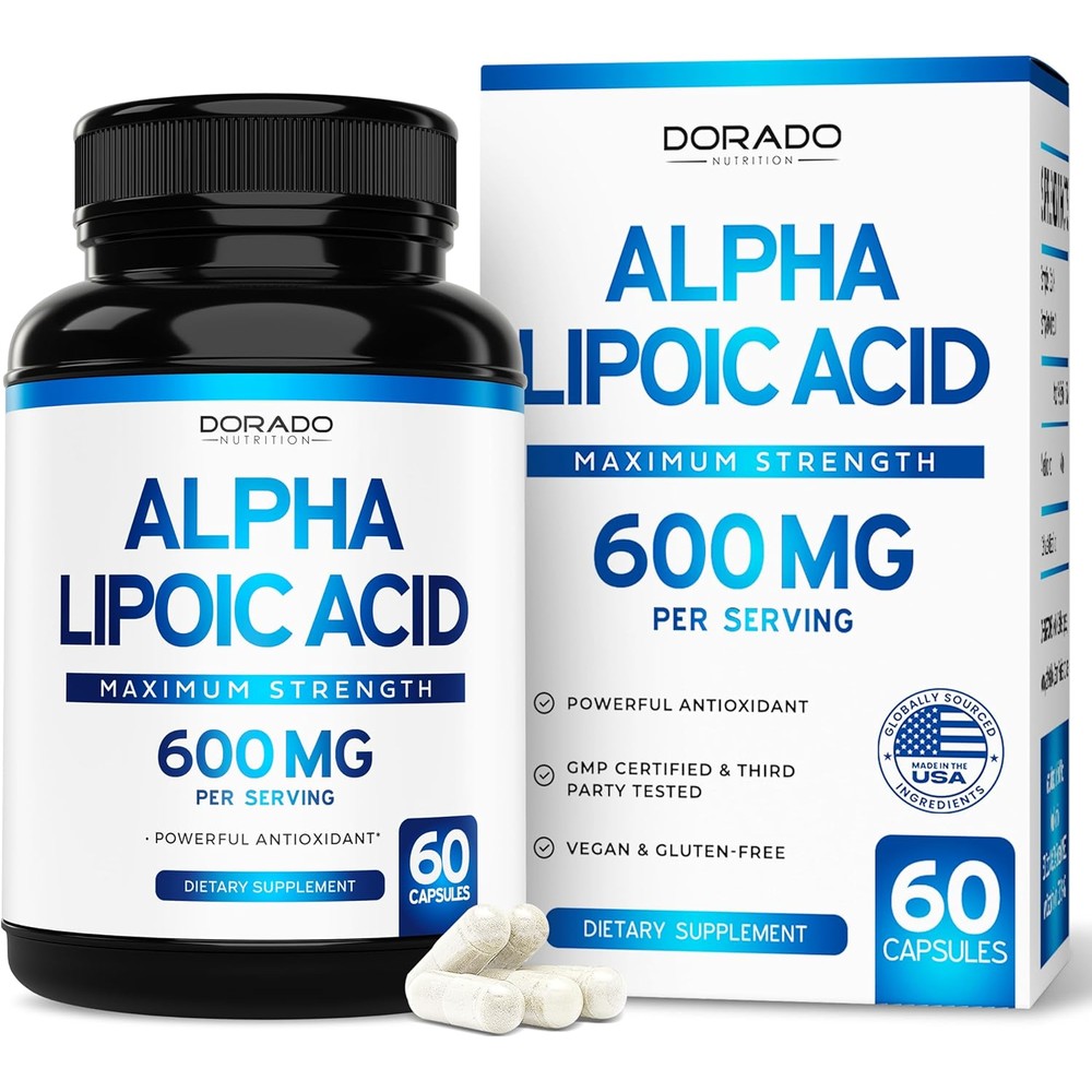 Dorado Nutrition Alpha Lipoic Acid 600mg front view bottle containing 60 vegan capsules
