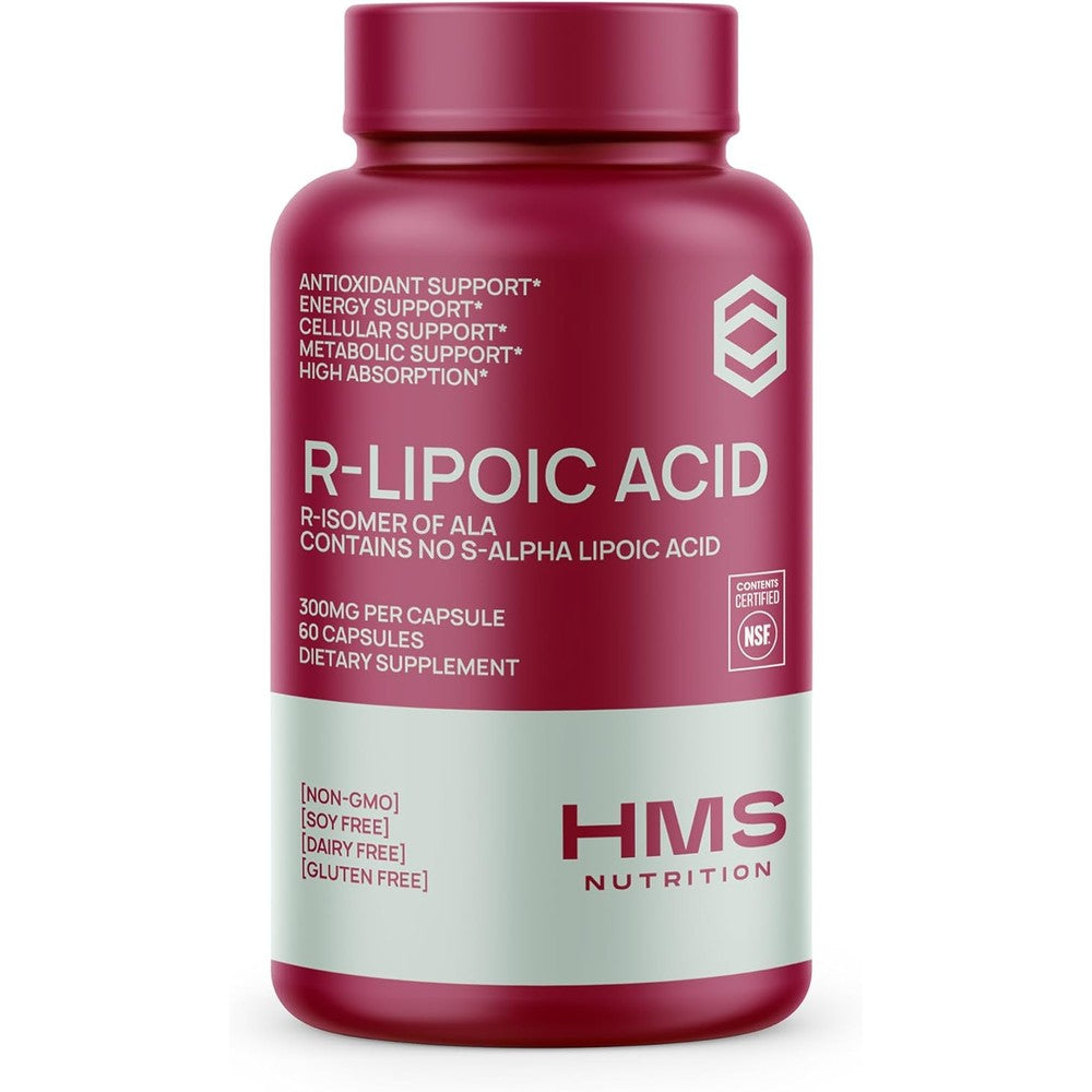 HMS Nutrition Stabilized R-Lipoic Acid 300mg 60 veggie capsules front bottle view for premium antioxidant support