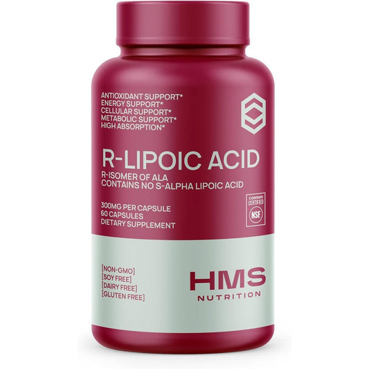 HMS Nutrition Stabilized R-Lipoic Acid 300mg 60 veggie capsules front bottle view for premium antioxidant support