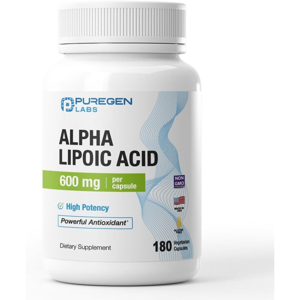 Puregen Labs Alpha Lipoic Acid 600mg 180 vegetarian capsules bottle front view showing high potency antioxidant support label