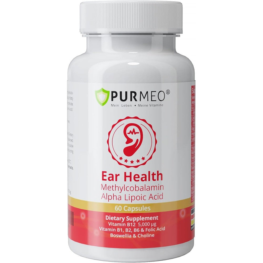 Purmeo Tinnitus Relief 60 capsules front view bottle showing ear health formula