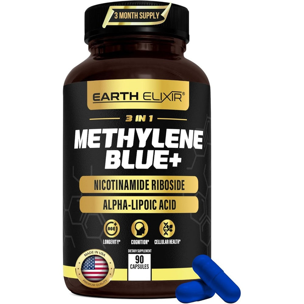 Earth Elixir 3-in-1 Methylene Blue 90 capsules front view bottle premium cellular supplement