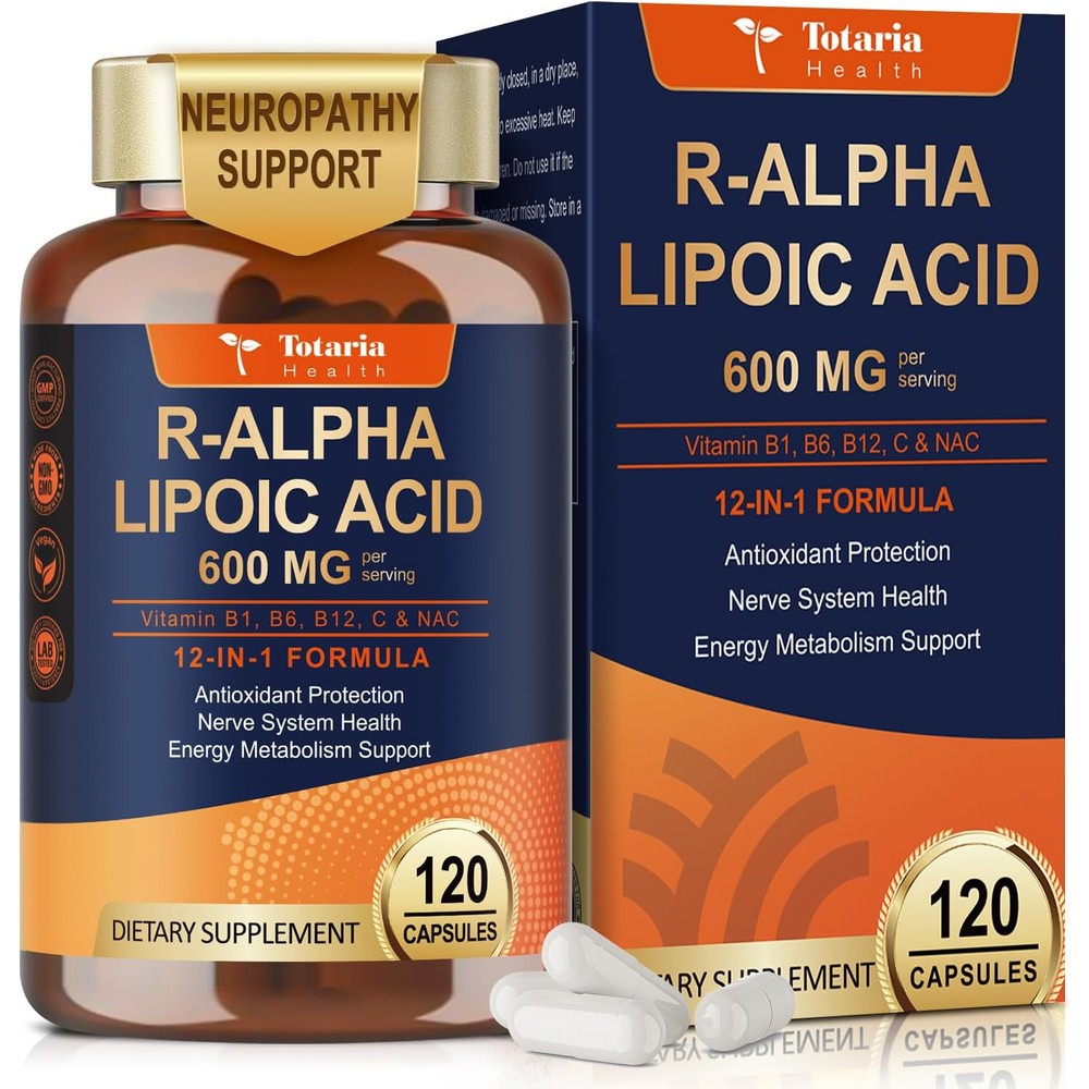 Totaria R-Alpha Lipoic Acid 600mg 120 capsules front label showing advanced nerve health support formula.