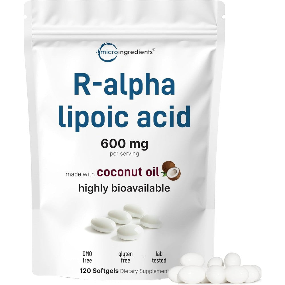 Micro Ingredients R-Alpha Lipoic Acid 600mg pouch front view showing 120 softgels for antioxidant support.