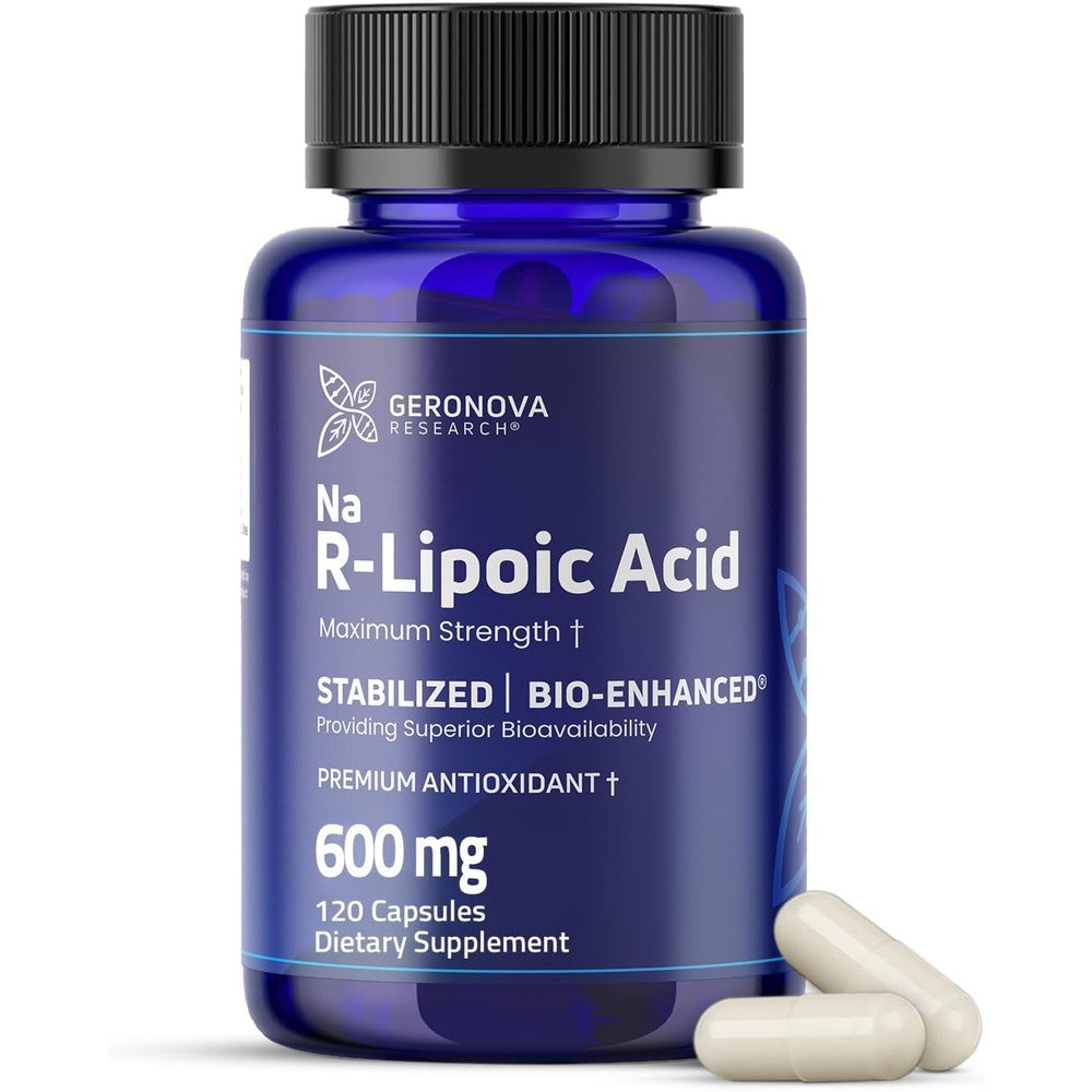 Geronova Research Bio-Enhanced R-Lipoic Acid 600mg bottle front view showcasing stabilized antioxidant supplement capsules