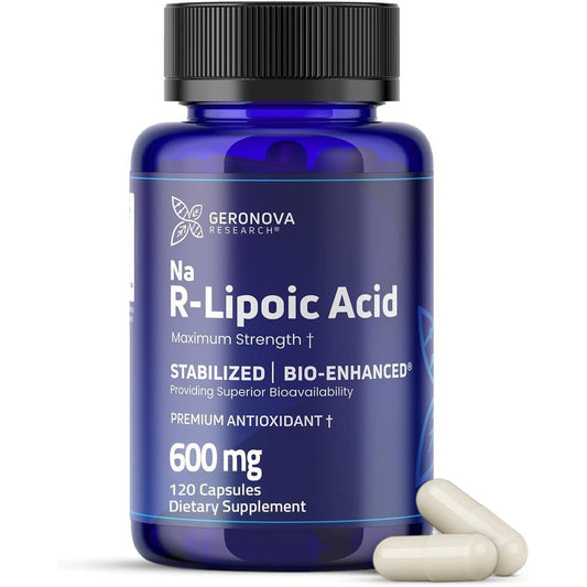 Geronova Research Bio-Enhanced R-Lipoic Acid 600mg bottle front view showcasing stabilized antioxidant supplement capsules