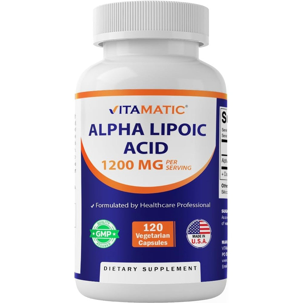 Vitamatic Alpha Lipoic Acid 1200mg 120 vegetarian capsules front bottle view for nerve support