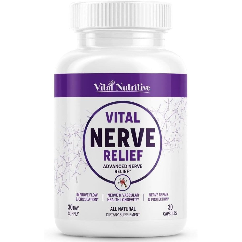 Vital Nutritive Vital Nerve Relief supplement bottle front view showcasing vitamins for nerve and muscle pain