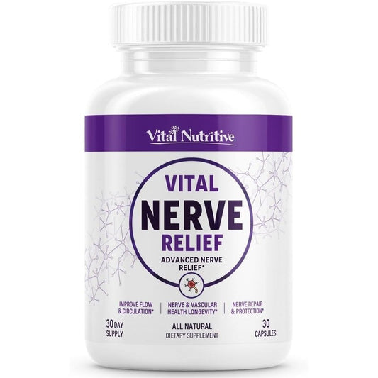 Vital Nutritive Vital Nerve Relief supplement bottle front view showcasing vitamins for nerve and muscle pain