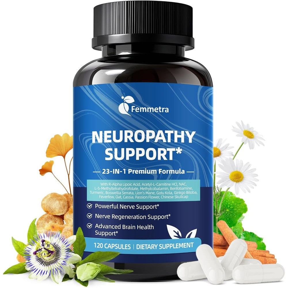 Femmetra Nerve and Neuropathy Support 120 capsules front view showing premium USA packaging.
