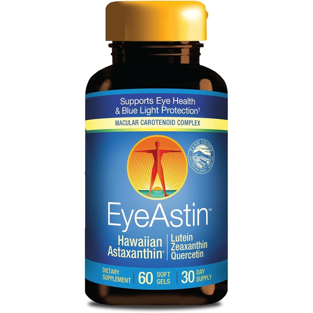 Nutrex Hawaii EyeAstin 60 Softgels bottle front view for imported eye care supplements in India.