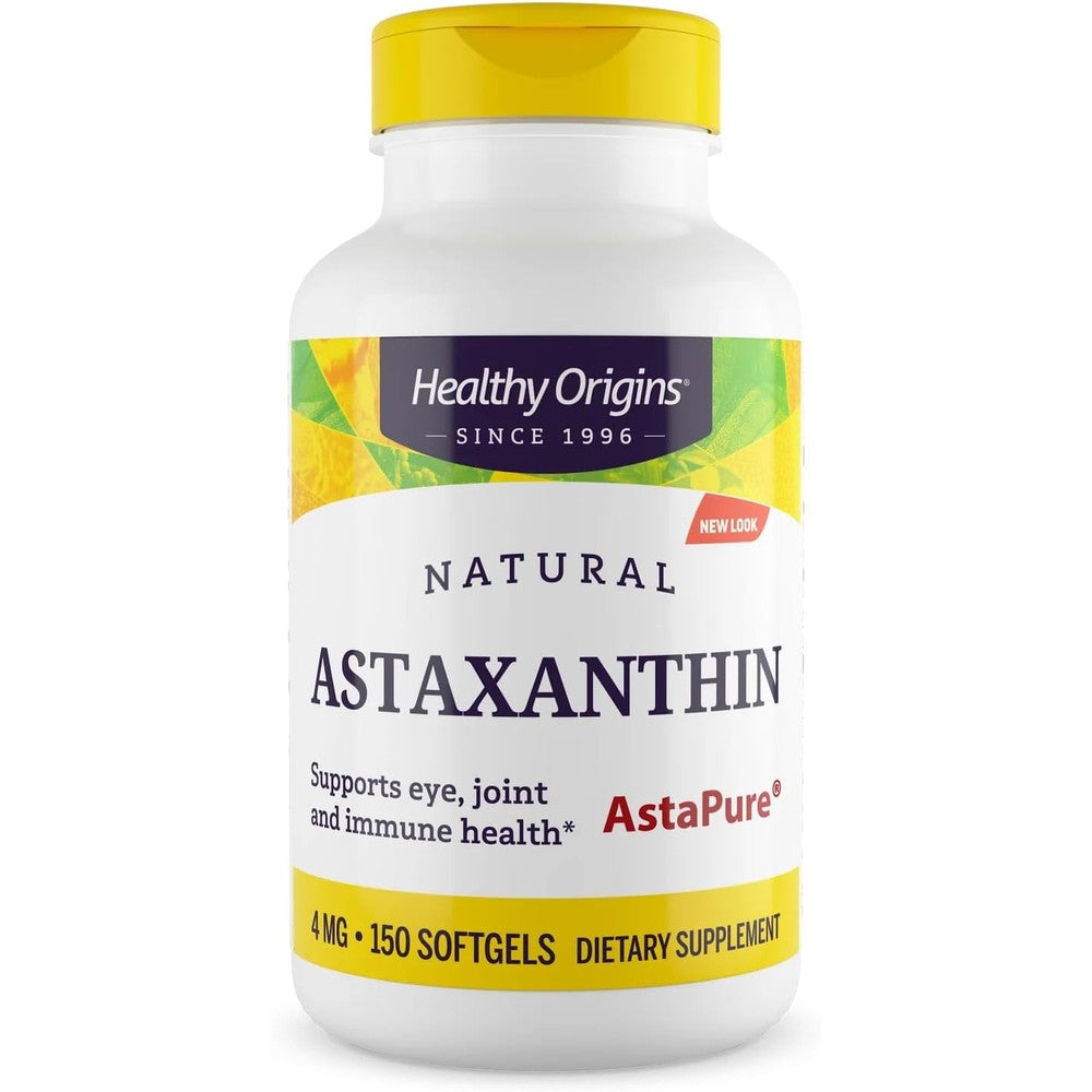 Healthy Origins Astaxanthin 4mg 150 Softgels front bottle view showing premium gold logo and product description