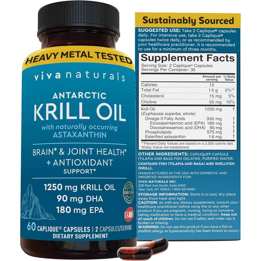 Viva Naturals Antarctic Krill Oil 1250mg 60 Capsules front view premium omega 3 supplement