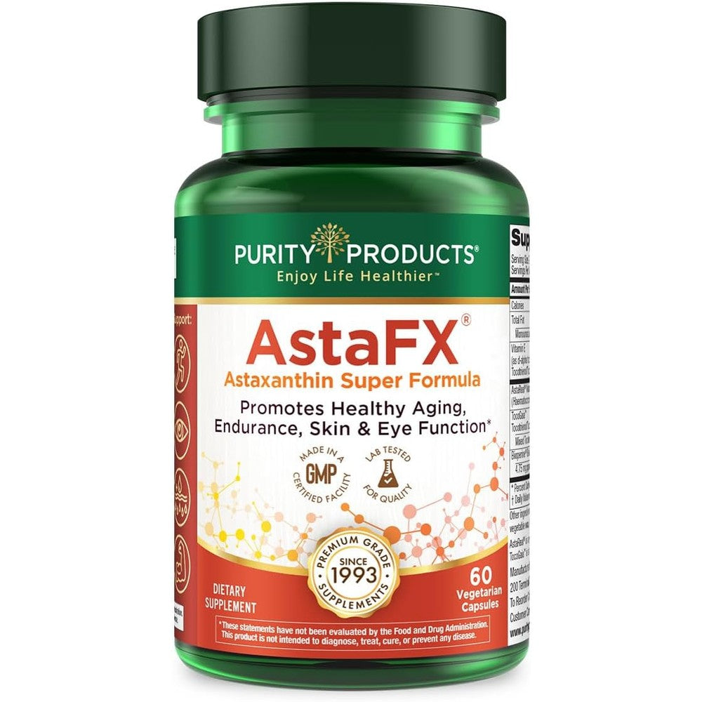 Purity Products AstaFX Astaxanthin 60 Capsules front view for antioxidant support.