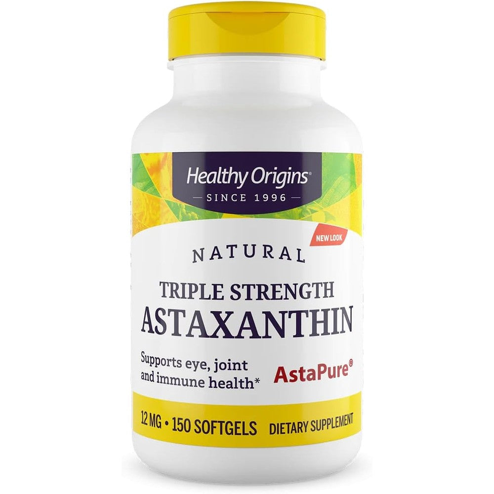 Healthy Origins Astaxanthin 12mg 150 Softgels front view of the premium antioxidant bottle