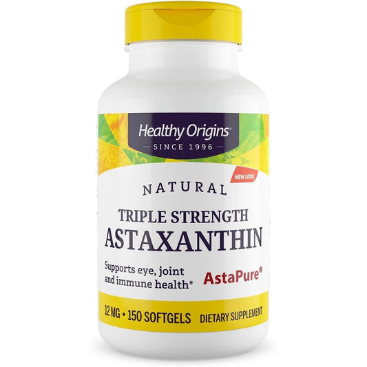 Healthy Origins Astaxanthin 12mg 150 Softgels front view of the premium antioxidant bottle