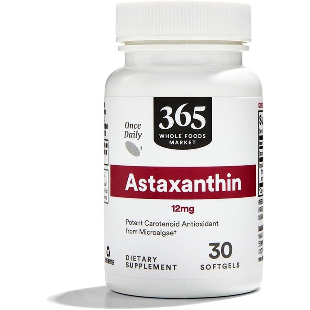 Whole Foods Market Astaxanthin 12mg 30 Softgels front bottle view showing premium antioxidant label.
