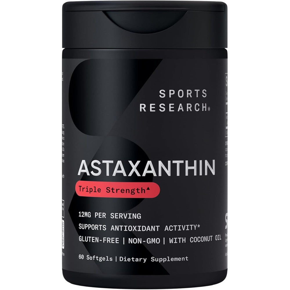 Sports Research Triple Strength Astaxanthin 12mg 60 softgels front view of the premium antioxidant supplement bottle.