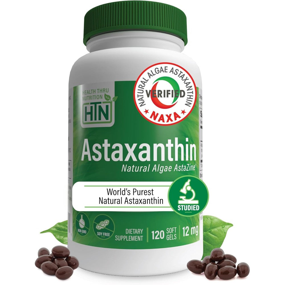 Health Thru Nutrition Astaxanthin Triple Strength 12mg front view bottles showing antioxidant benefits.