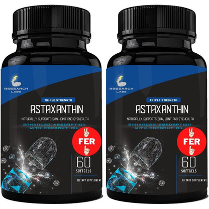 Research Labs Triple Strength Natural Astaxanthin 12mg 120 softgels front view for premium antioxidant support.