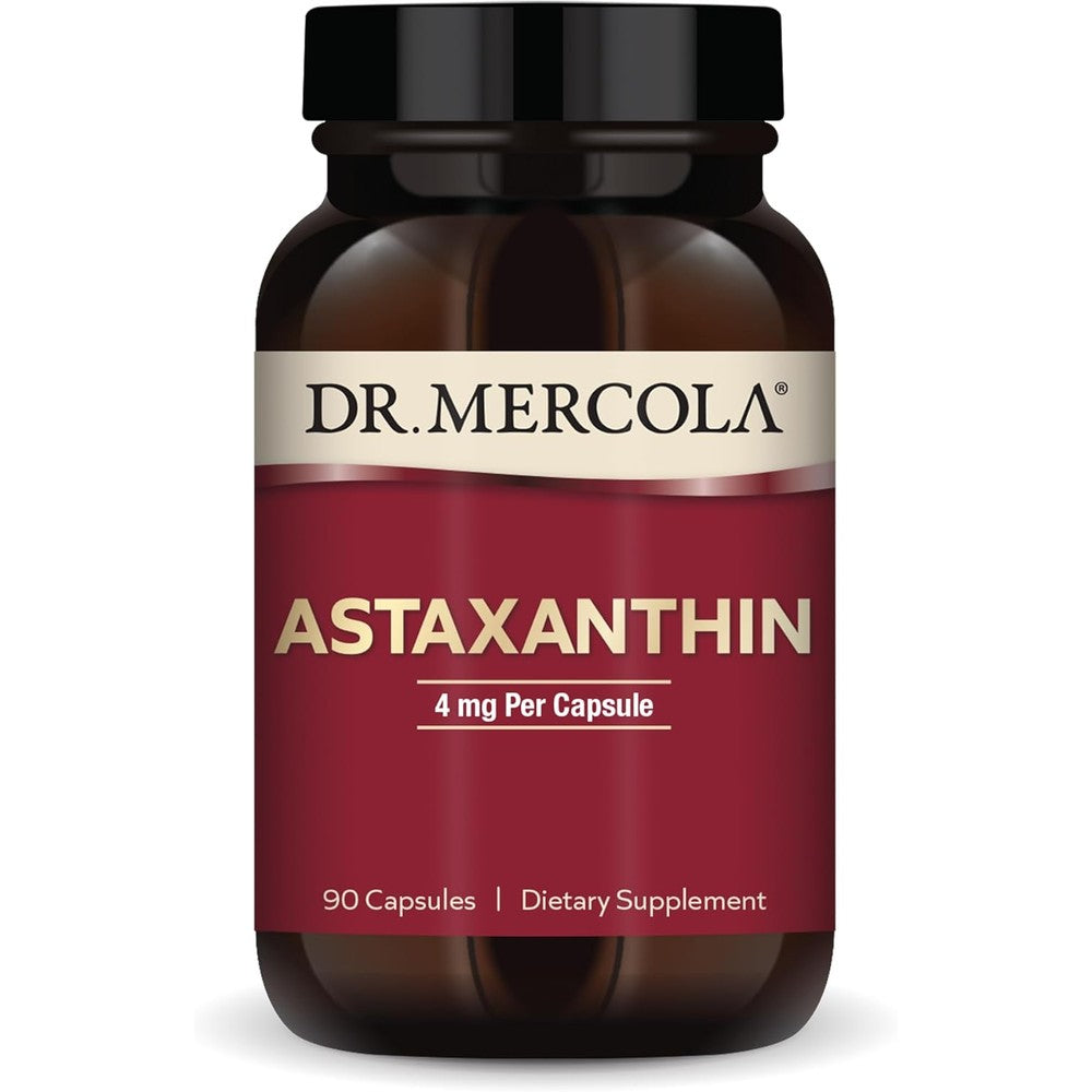 Dr. Mercola Organic Astaxanthin 4 Milligrams 90 Capsules bottle front view showing premium packaging.
