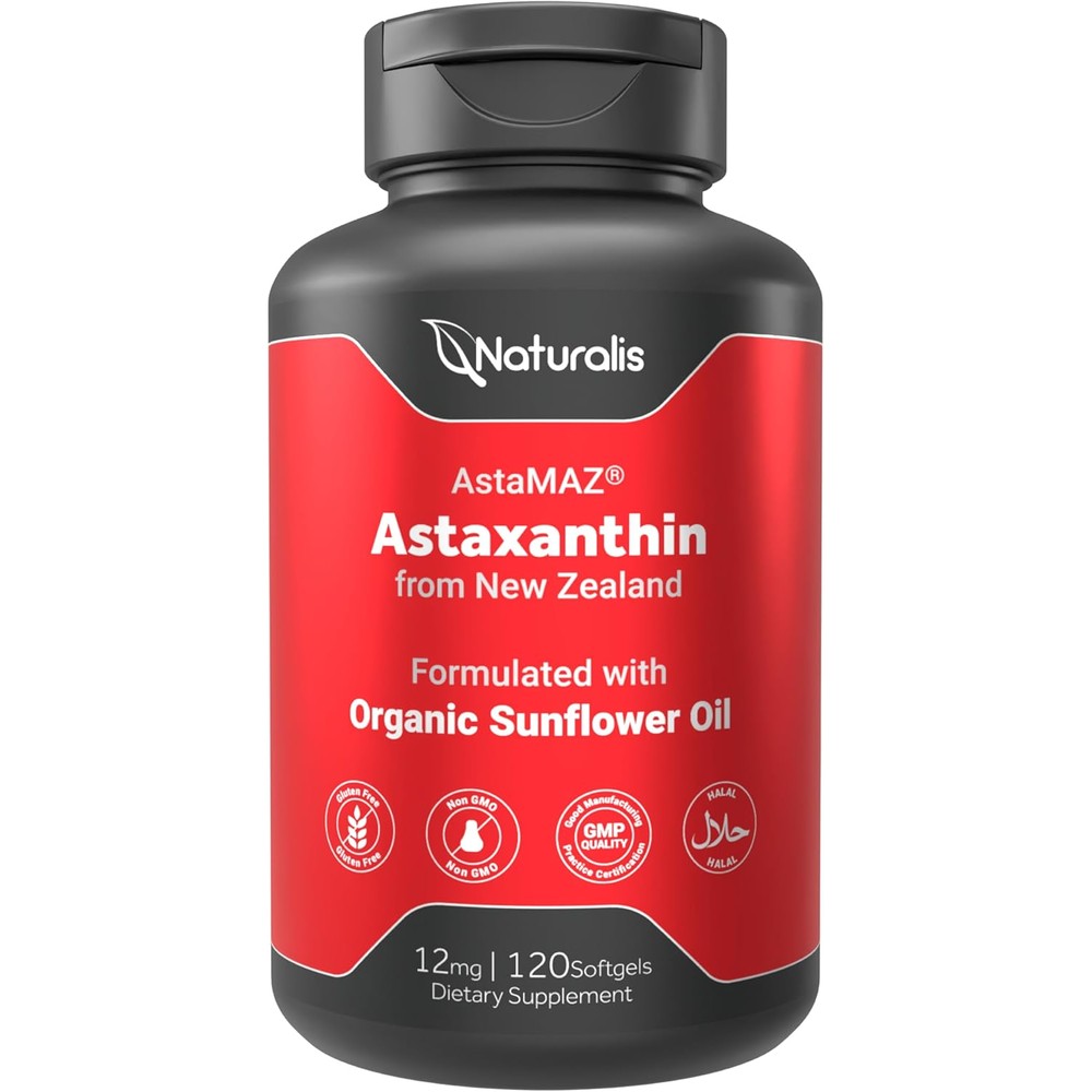 Naturalis New Zealand Astaxanthin 12mg front view bottle packaging of premium antioxidant supplement