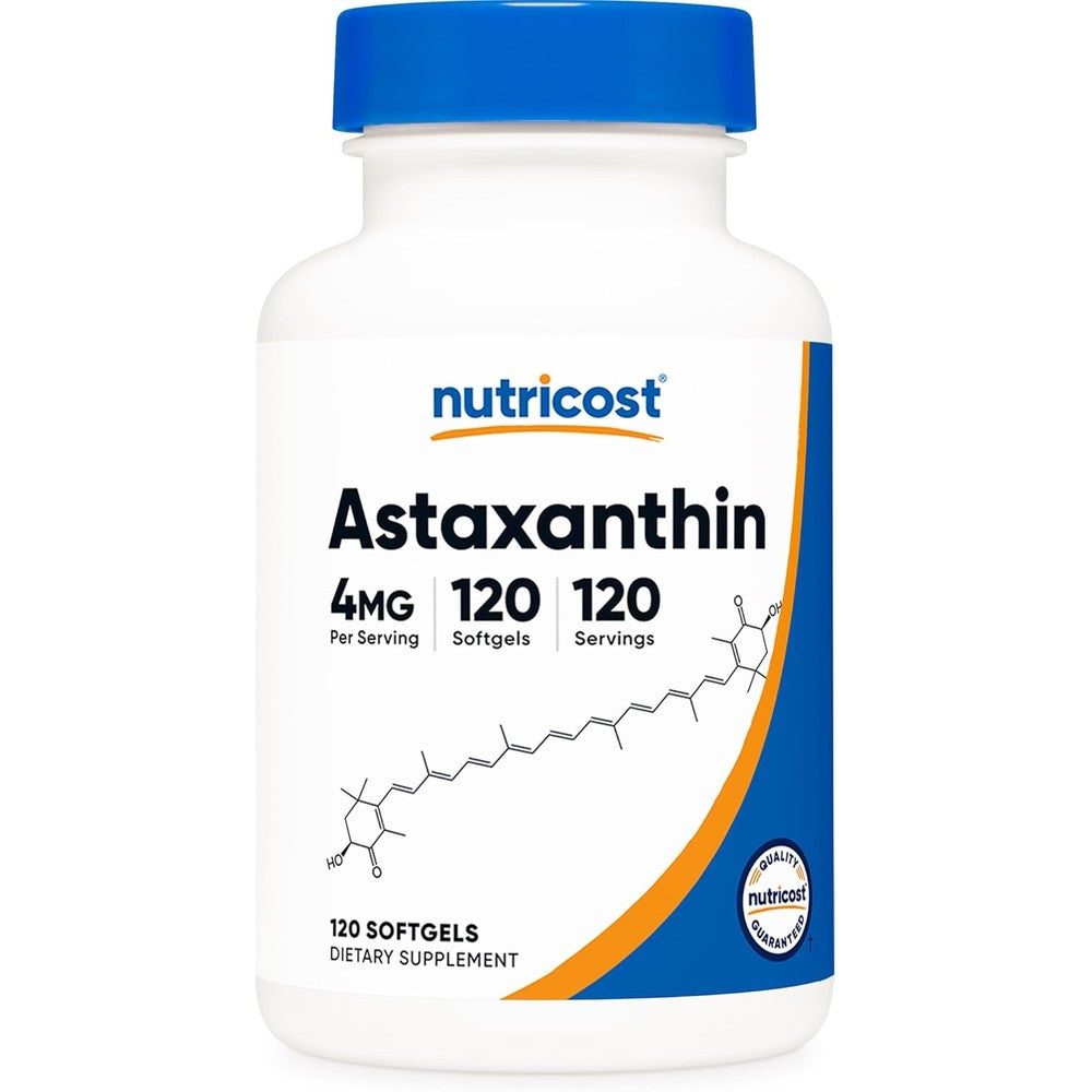 Nutricost Astaxanthin 4mg 120 softgels front view bottle for cellular health antioxidant defense