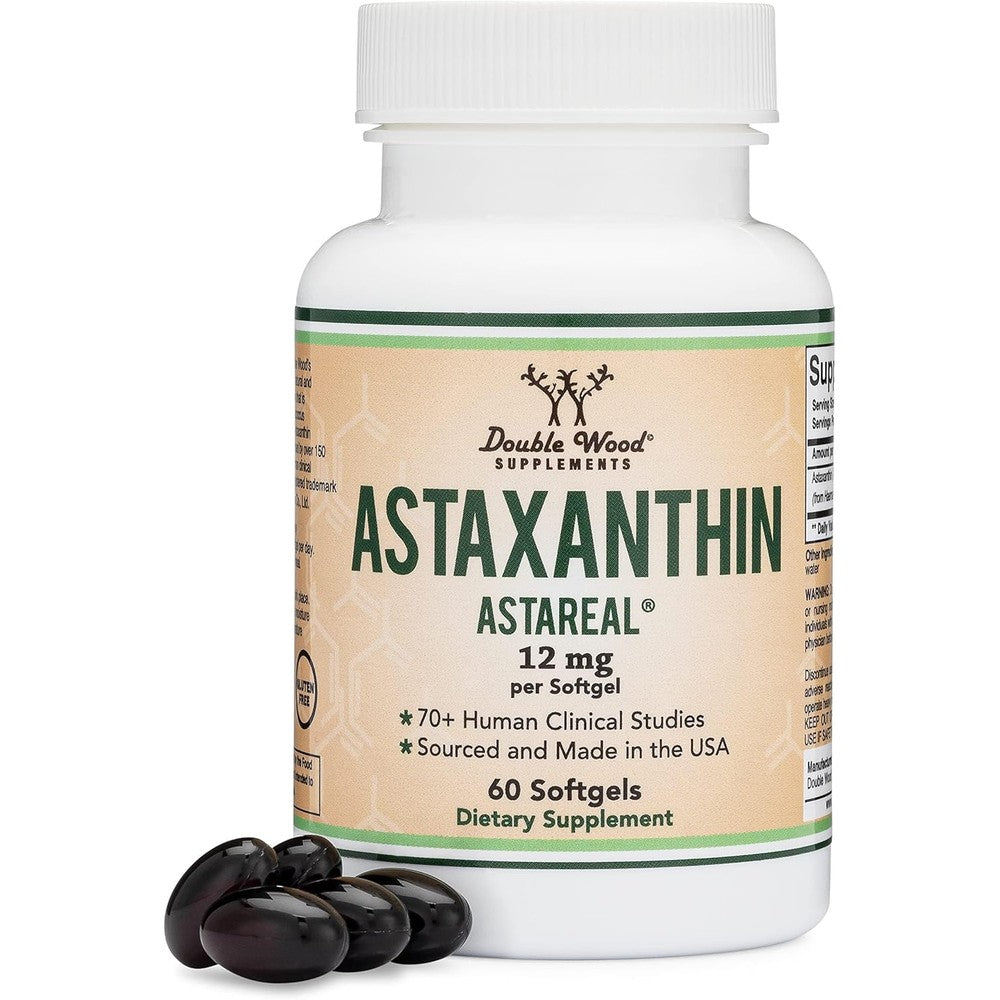 Double Wood Supplements Astaxanthin twelve milligram bottle front view showing capsule count