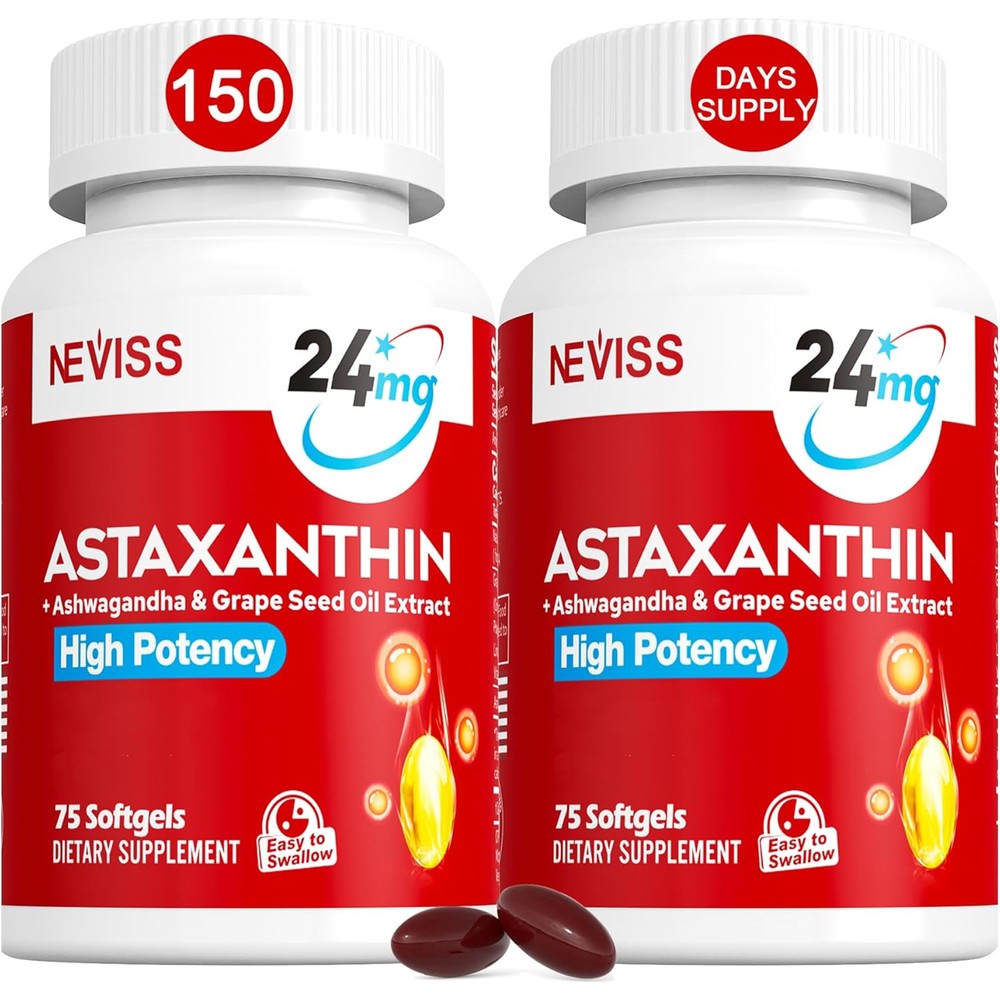NEVISS Astaxanthin 24mg 150 softgels bottle front view for premium antioxidant support.