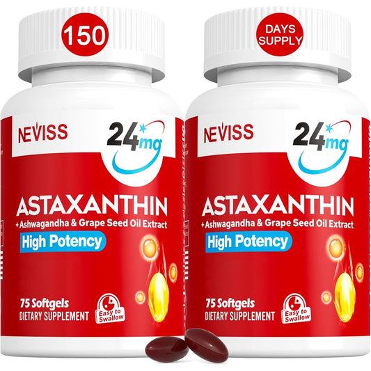 NEVISS Astaxanthin 24mg 150 softgels bottle front view for premium antioxidant support.