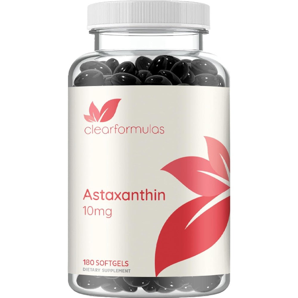 Clear Formulas Astaxanthin 10mg 180 softgels front view showing the premium imported antioxidant bottle.