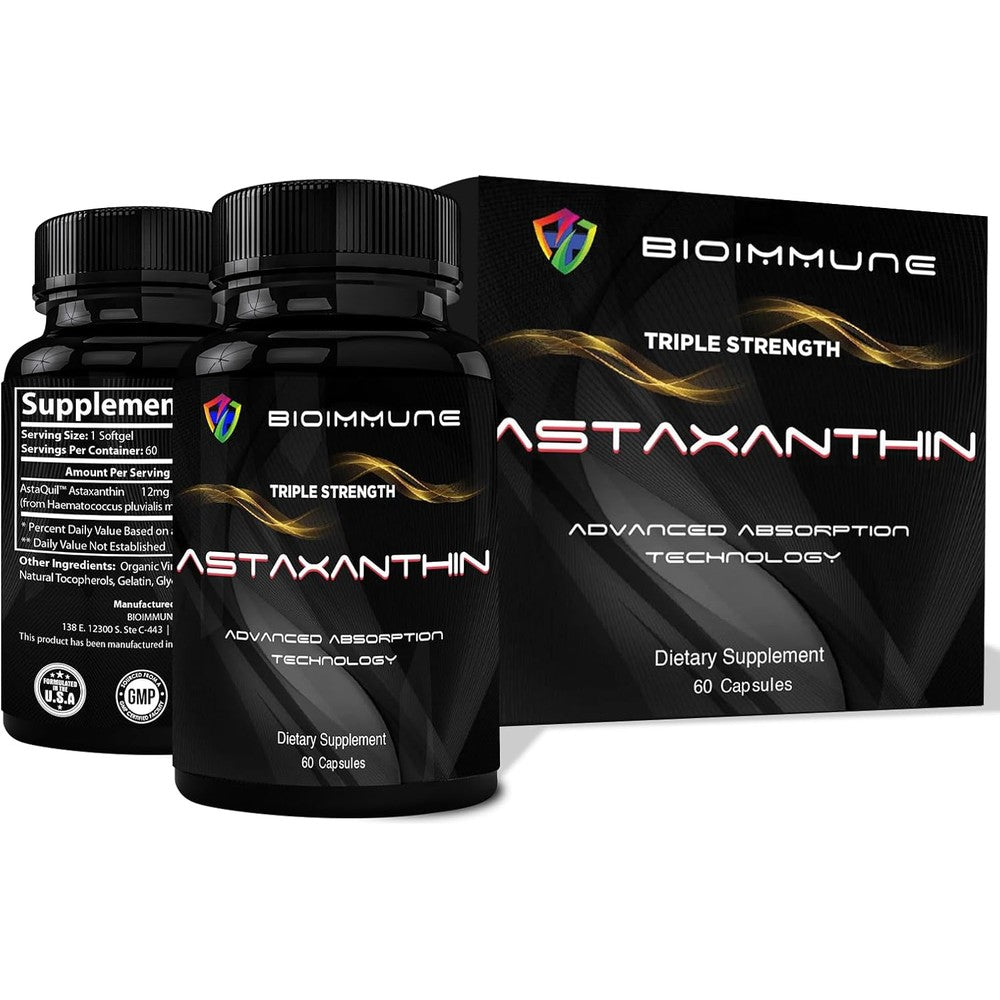 BioImmune Triple Strength AstaQuil Astaxanthin 12mg front view bottle for premium antioxidant support.