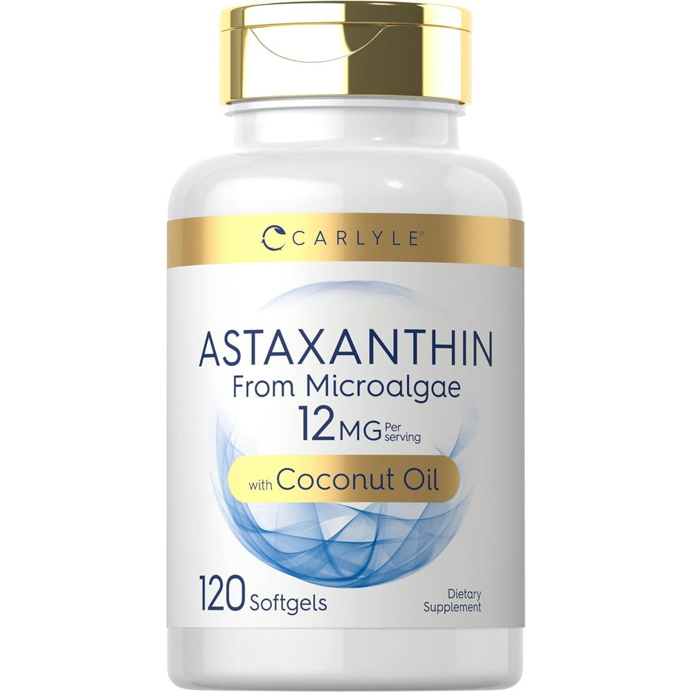 Carlyle Astaxanthin 12mg 120 softgels bottle front view displaying antioxidant support benefits.