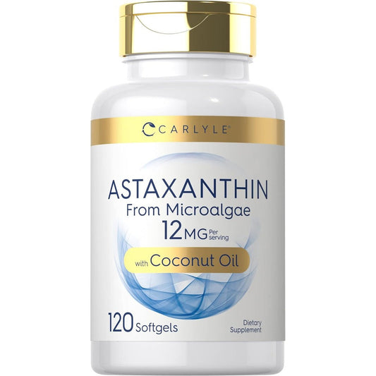 Carlyle Astaxanthin 12mg 120 softgels bottle front view displaying antioxidant support benefits.