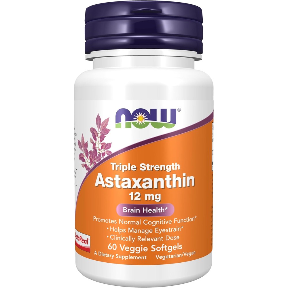 NOW Foods Triple Strength Astaxanthin 12 Milligrams dietary supplement front bottle view for authentic eye health care.