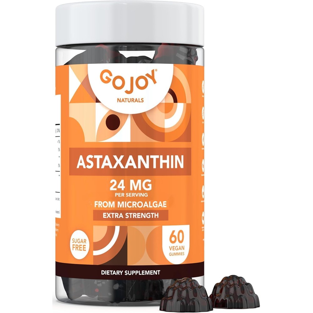 GOJOY NATURALS Astaxanthin Gummies 24mg front view bottle containing 60 vegan antioxidant gummies.