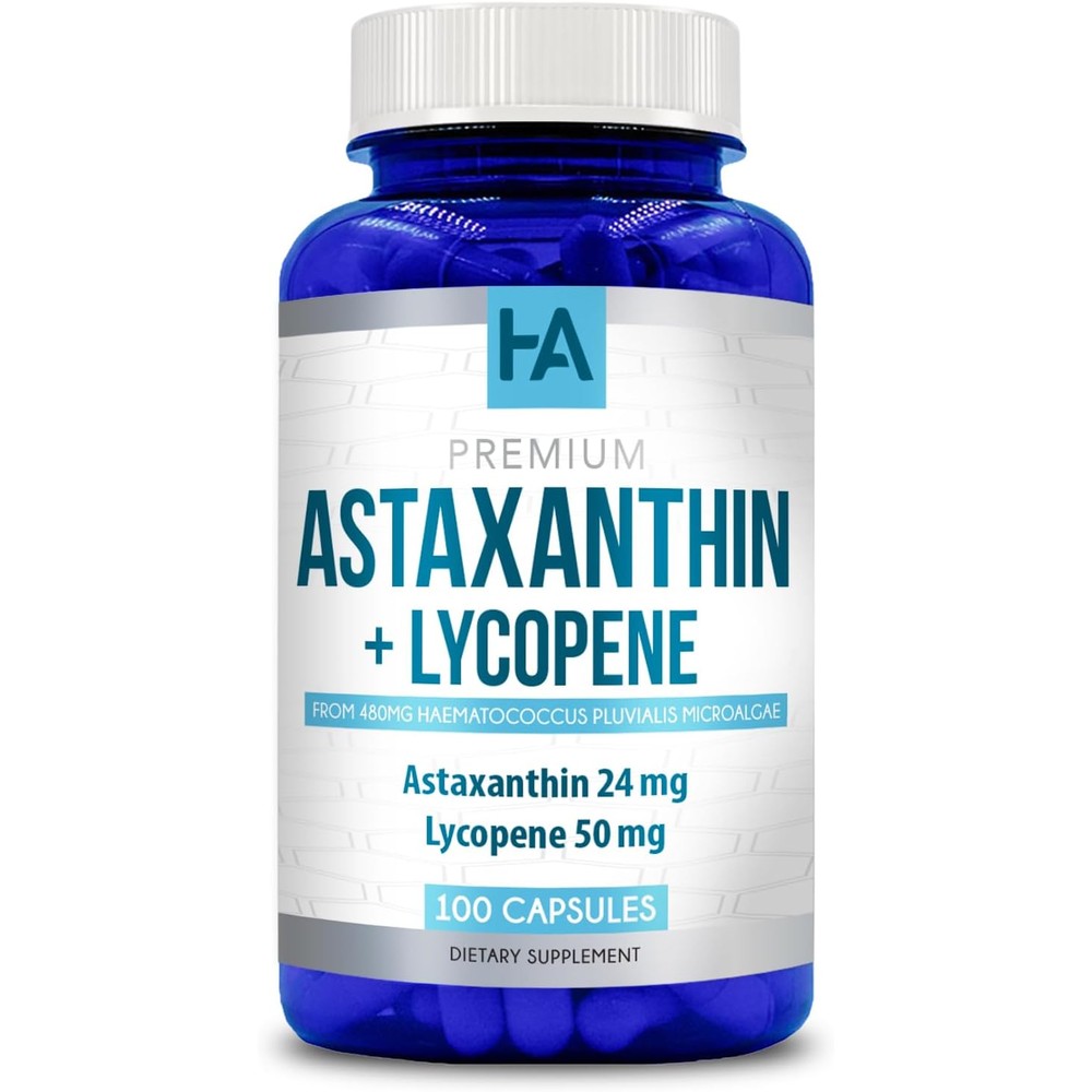 Healing Awakening Astaxanthin and Lycopene supplement bottle front view showing carotenoid skin care capsule details.