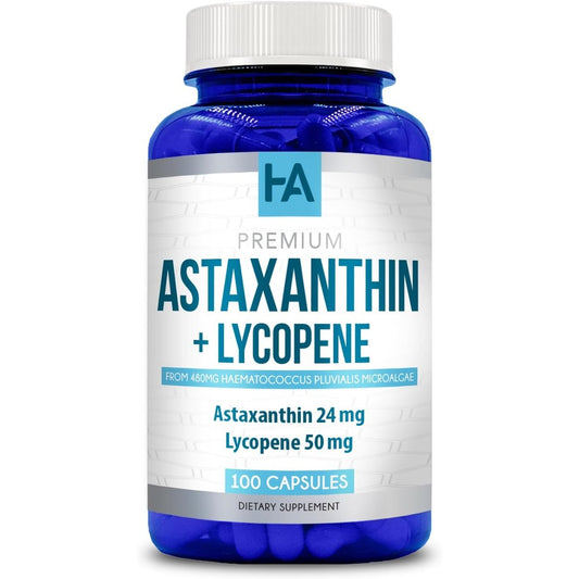Healing Awakening Astaxanthin and Lycopene supplement bottle front view showing carotenoid skin care capsule details.
