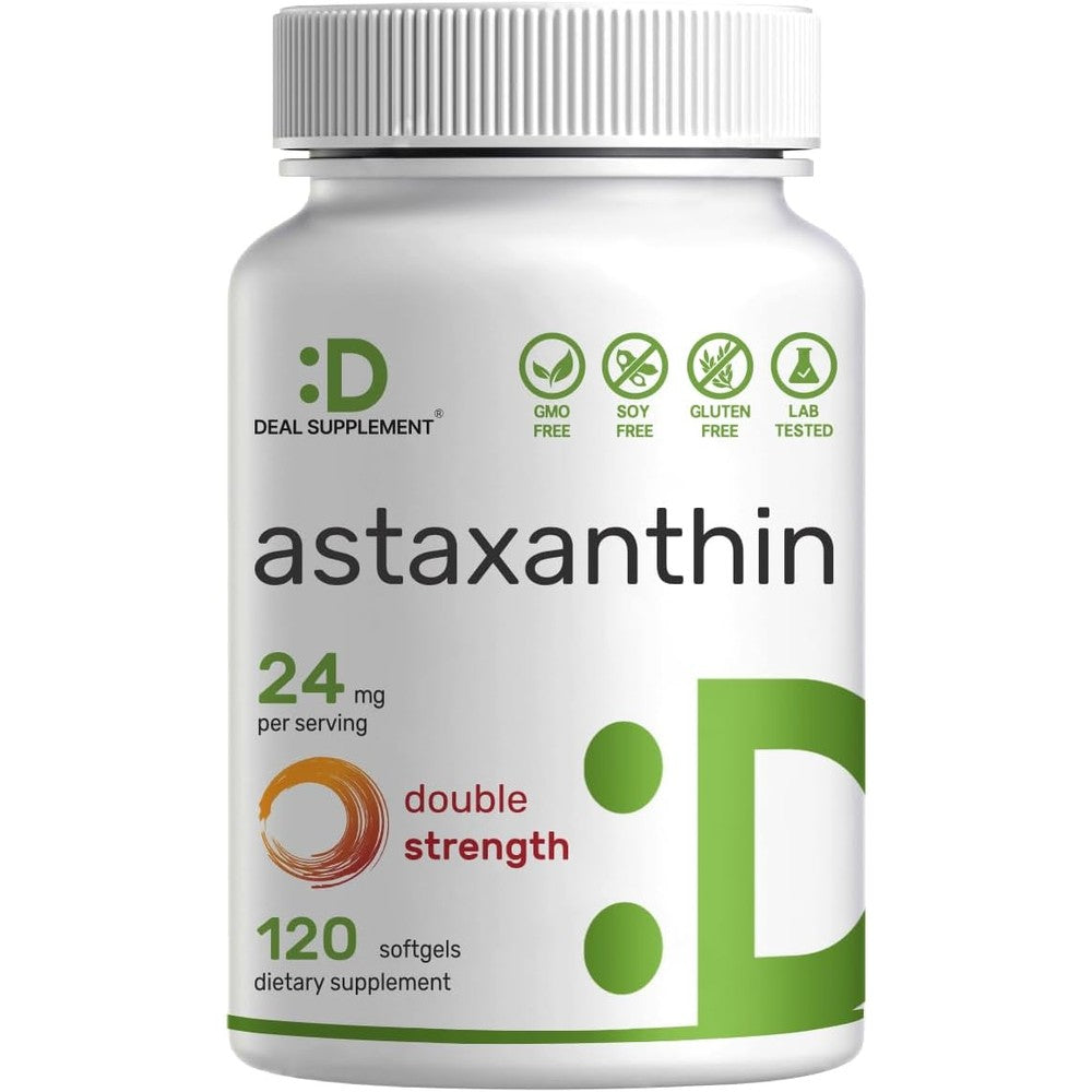 Deal Supplement Astaxanthin 24mg front view bottle showing 120 softgels natural antioxidant.