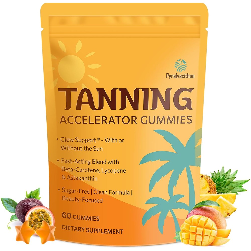 Pyralvexithon tanning gummies front view of sixty count packaging for sunless tanning supplement