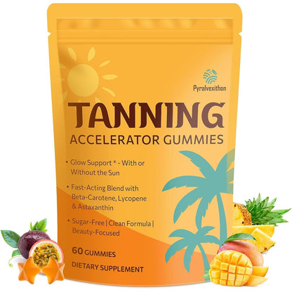 Pyralvexithon tanning gummies front view of sixty count packaging for sunless tanning supplement