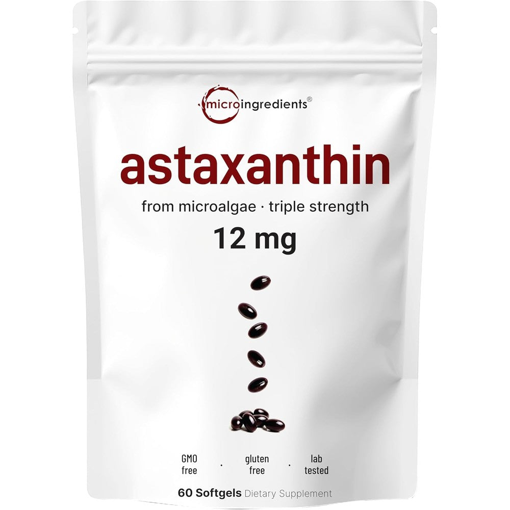 Micro Ingredients Astaxanthin 12mg front view of the premium white pouch pouch containing 60 softgels