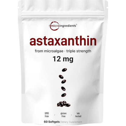 Micro Ingredients Astaxanthin 12mg front view of the premium white pouch pouch containing 60 softgels