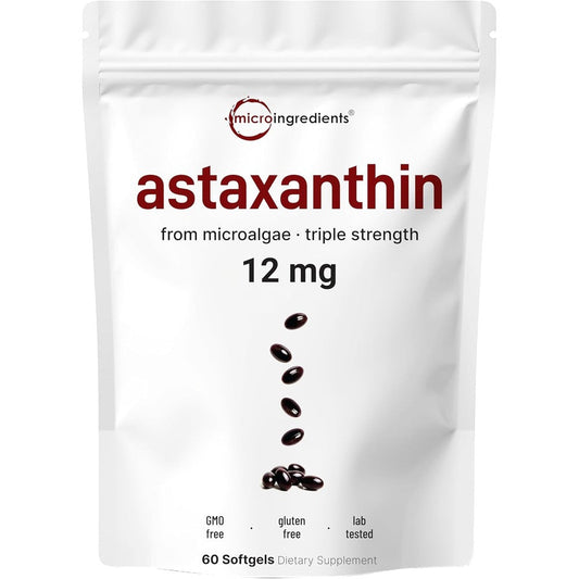 Micro Ingredients Astaxanthin 12mg front view of the premium white pouch pouch containing 60 softgels