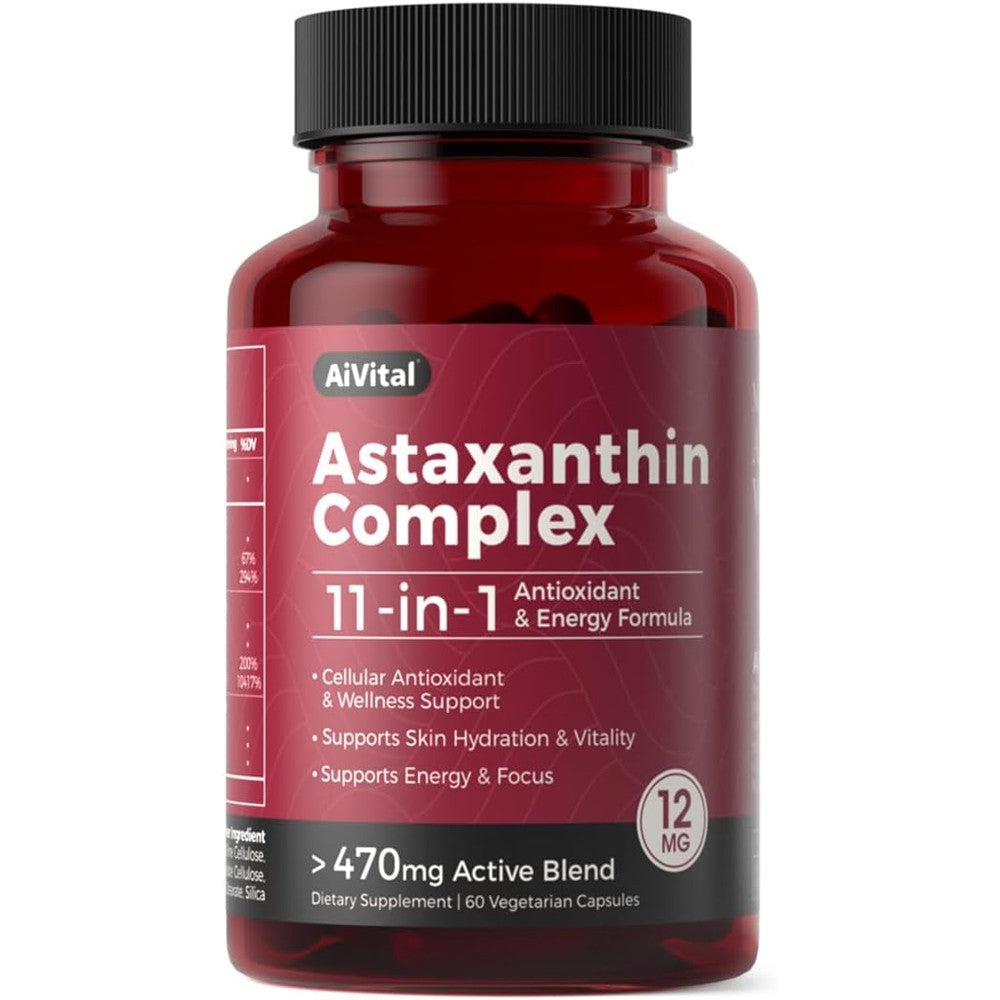 AiVital Astaxanthin Complex 12mg front bottle view of premium antioxidant supplement capsules