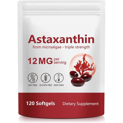 Generic Astaxanthin 12 Milligrams front view of the antioxidant supplement bottle.